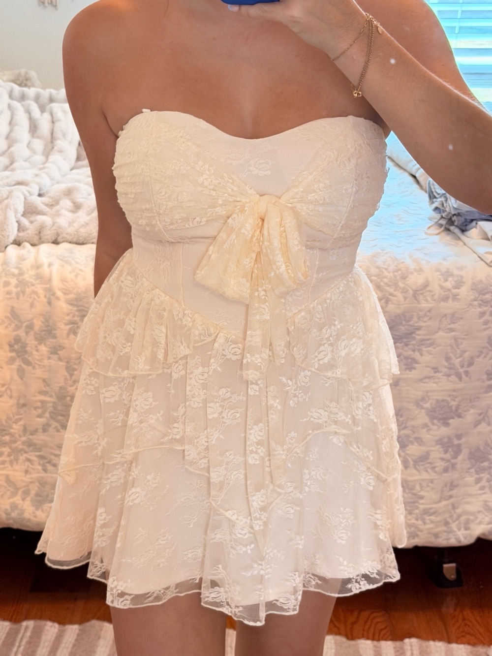 Windsor Strapless Lace Tiered Cream Mini Dress
